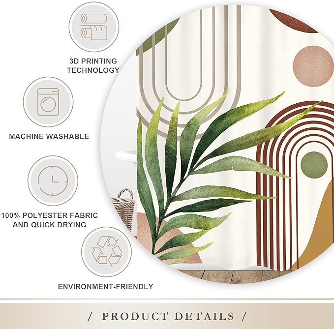 Glawry Green Brown Boho Shower Curtain Abstract Mid Century Plant Tropical Leaves Modern Geometric Bathroom Minimalist Arch Curve 60Wx72L Inches Bath Accessories Art Home Decor Fabric 12 Pack Hooks