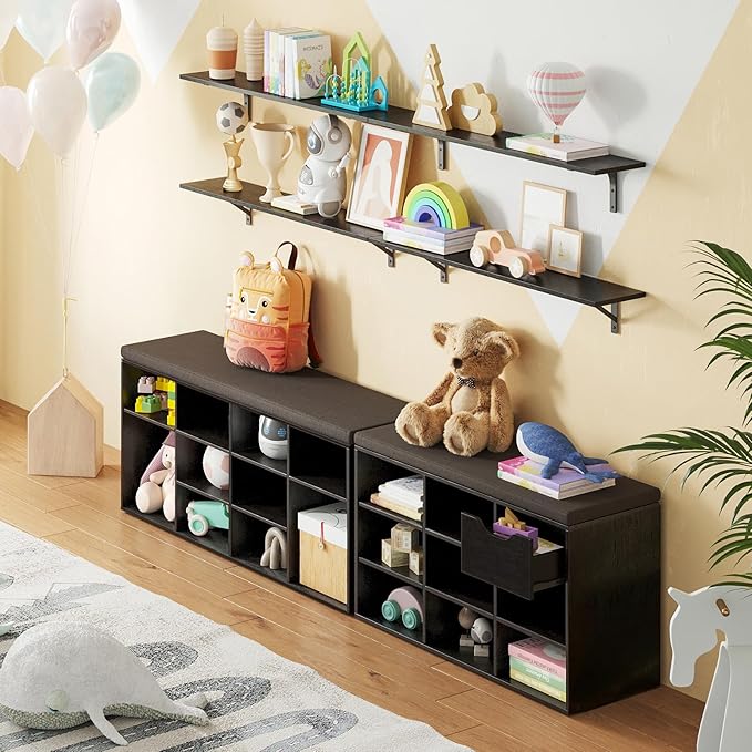 DINZI LVJ Shoe Storage Bench with Cushion, Cubby Shoe Rack with 12 Cubbies, Adjustable Shelves, Multifunctional Shoe Organizer Bench for Entryway, Mudroom, Hallway, Closet and Garage, Espresso