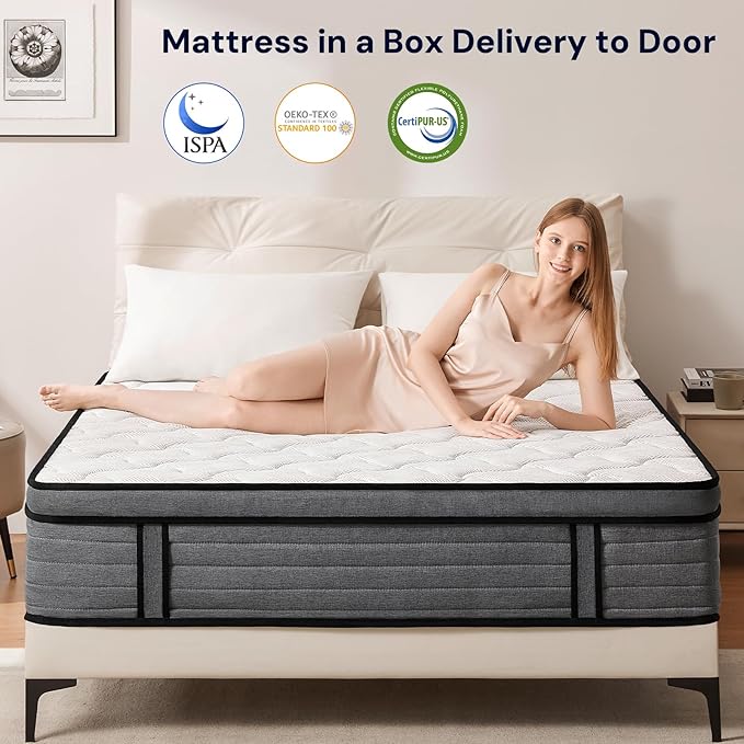 VKT 12 Inch Full Hybrid Mattress - Medium Firm Feel Back Support, Mattress in a Box with Individual Pocket Springs, Cooling Memory Foam for Pressure Relief with CertiPUR-US Certified