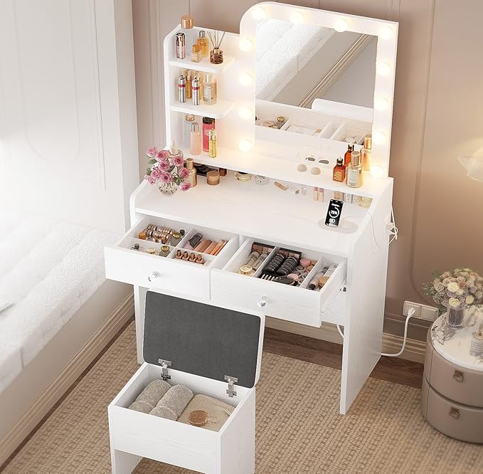 LIKIMIO Vanity Desk with Mirror and Lights, Makeup Vanity Table Set with Storage Stool, Makeup Drawer Organizer, 3 Color Modes Adjustable Bulb, Power Outlet, White Vanity for Bedroom