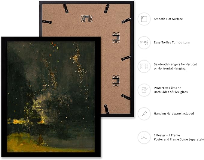 Poster Master Vintage Nocturne in Black and Gold Painting Poster - Retro The Falling Rocket Print - Abstract Art - Moody Art - Landscape Art - Office or Living Room Decor, 11x14 Black Framed