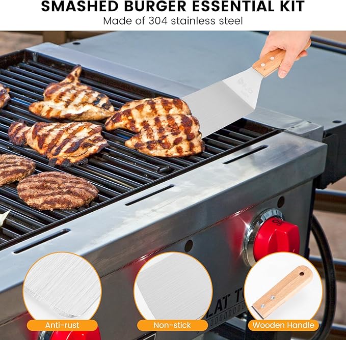 Burger Press 304 Stainless Steel Smash Burger Press with Wide Turner, 6" Hamburger Smasher Tool, Hamburger Press Perfect for Meat Weight Press, Cooking, and Burger Smasher for Grill Cooking