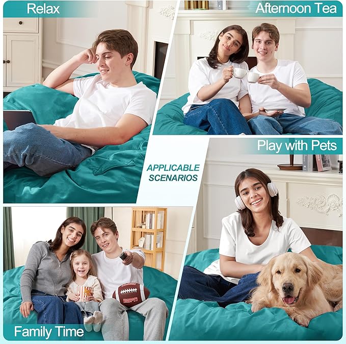 Homguava 4 FT Bean Bag Chair: 4' Bean Bags with Memory Foam Filled, Large Beanbag Chairs Soft Sofa with Dutch Velvet Cover-Sea Blue