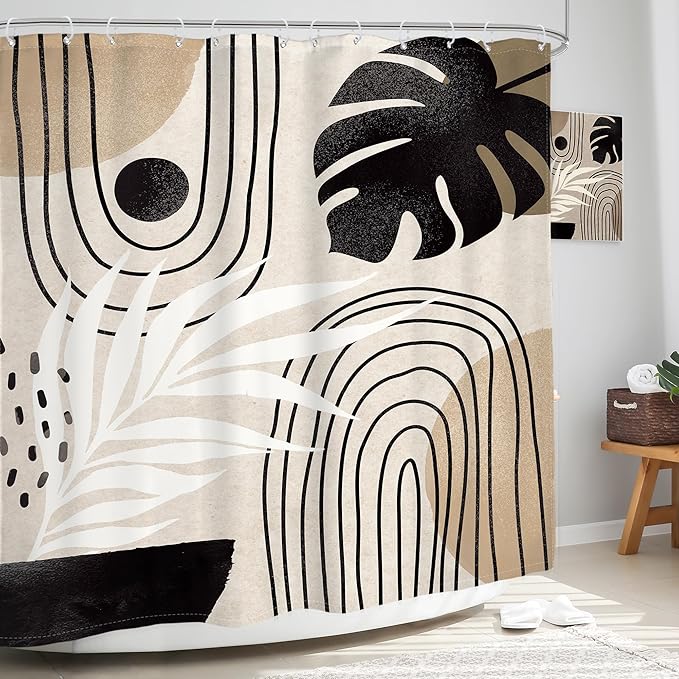 Glawry Boho Mid Century Shower Curtain Abstract Plant Tropical Palm Leaf Modern Geometric Minimalist Bathroom Black Beige Brown 72Wx78L Inches Bath Accessories Art Home Decor Fabric 12 Pack Hook