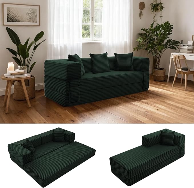 Sectional Boneless Couch Convertible Sofa Bed,78'' Modular Sectional Sleeper Sofa with Removable Armrests & 3 Pillows,Small Floor Couch No Assembly Needed for Living Room, Office, Bedroom,Dark Green