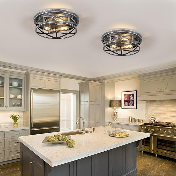 Close to Ceiling Light Fixtures, 3-Lights Cage Flush Mount Ceiling Light, Black and Silver Farmhouse Metal Semi Flush Mount Ceiling Light for House Hallway Kitchen Bedroom, 2 Pack