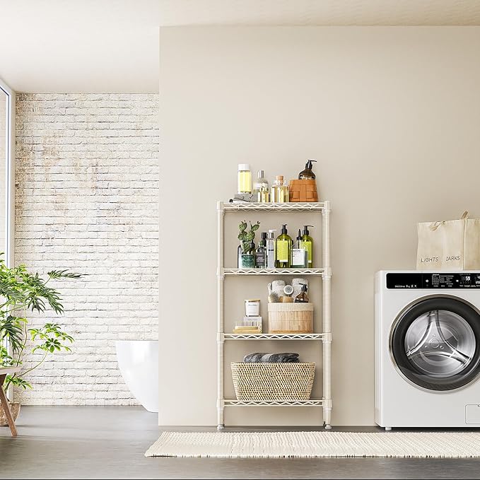 IZEUK 4 Tier Steel Storage Shelves, Heavy Duty Metal Shelf Wire Shelving Rack for Pantry, Kitchen, Living Room, or Bathroom Organization (11.8" D x 23.6" W x 47.5" H, 1000LBS, Light Tan)