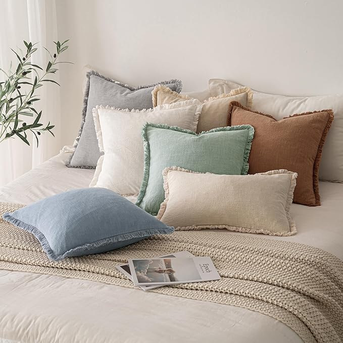 MIULEE Decorative Throw Pillow Covers Neutral Linen Fringe Throw Pillows Set of 2 Aqua Green Boho Farmhouse Cushion Covers with Tassels for Couch Sofa Bed Living Room Spring Home Decor 20x20 Inch