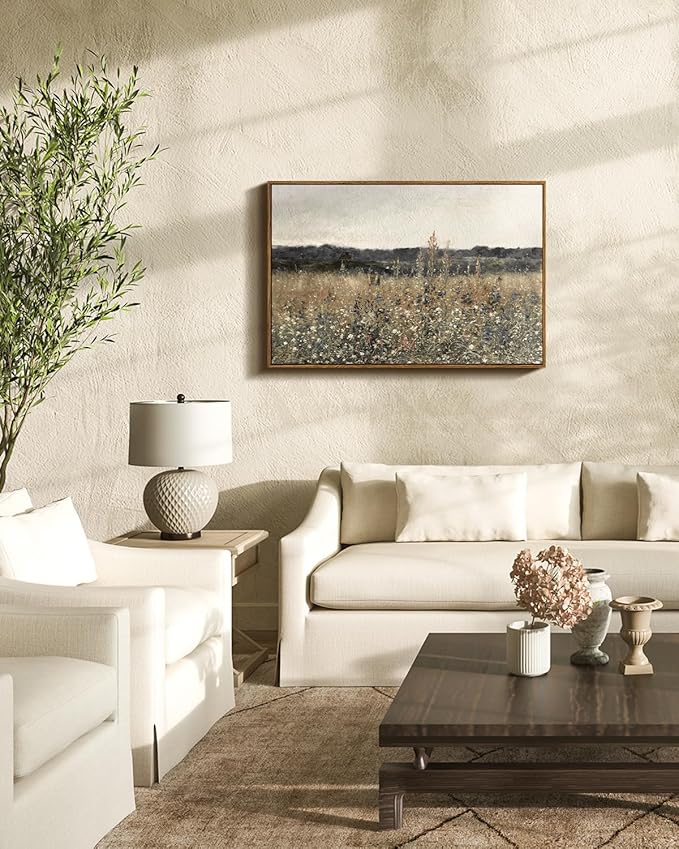 InSimSea Framed Canvas Wall Art Vintage Decor, Large Wall Art, Meadow with Flowers Landscape Wall Art Prints, Modern Farmhouse Cottagecore Bedroom Bathroom Office Decoration, 20"x30"