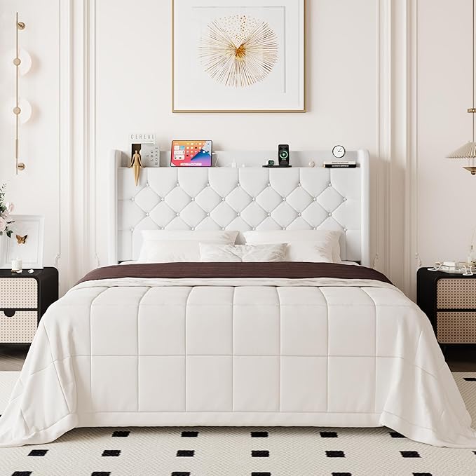 Allewie Queen Size Bed Frame, Storage Headboard with Charging Station, Wingback Velvet Upholstered, Diamond Stitched Button Tufted, Sturdy Wooden Slats, No Box Spring Needed, Easy Assembly, White