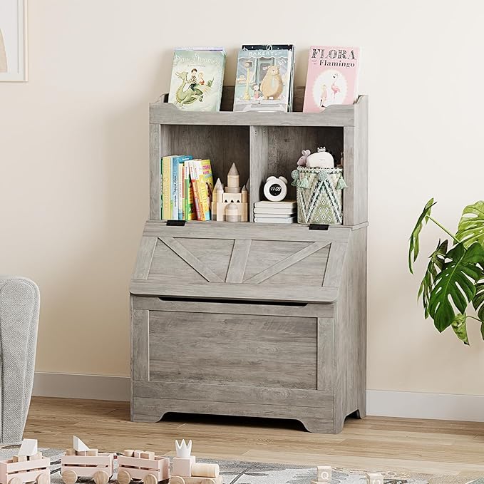 Spacious 3-tier Wooden Kids Bookcase and Toy Storage Organizer with Flip-Top Lid, Versatile Design for Playroom, Bedroom, Nursery, and Kindergarten - Child-Friendly Toy Chest Organizer