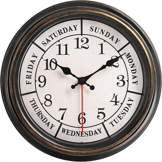 zyzamay 12 Inch Retro Wall Clock,Classic Day of The Week Wall Clock,Easy to Read,Non-Ticking Round Classic(Black Gold)