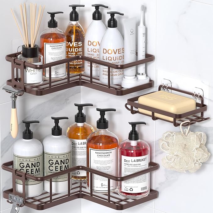 YASONIC Corner Shower Caddy Organizer, 3-Pack Self-Adhesive Rustproof Bath Shelves with Soap Holder & 4 Hooks, Large Capacity Shower Storage Rack for Bathroom Organization - Bronze