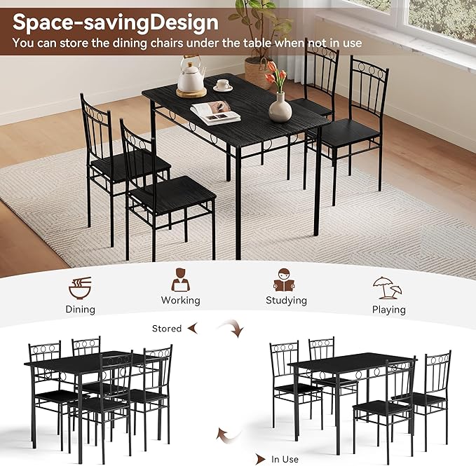 Kitchen Dining Table Set for 4, 5-Piece Kitchen Table Set,Dining Room Table Sets,Rectangular Kitchen Table Set with 4 Chairs for Small Space, Dinette,Apartment,Rustic Black