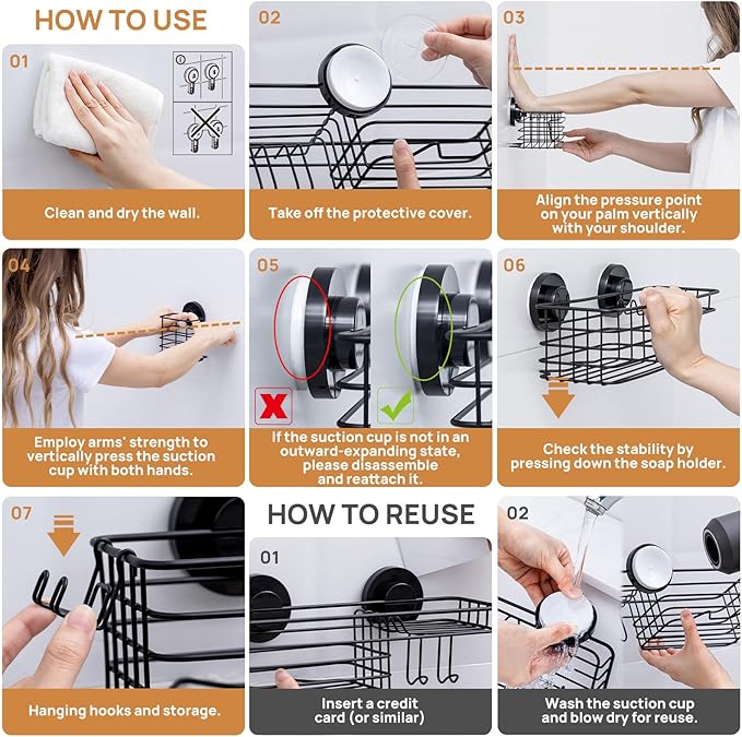 LEVERLOC Shower Caddy Suction Cup, 3 Pack Heavy Duty Bathroom Organizer for Inside Shower with Hooks & Soap Holder, Removable Bathroom Organizer, Rustproof Black Holder Storage