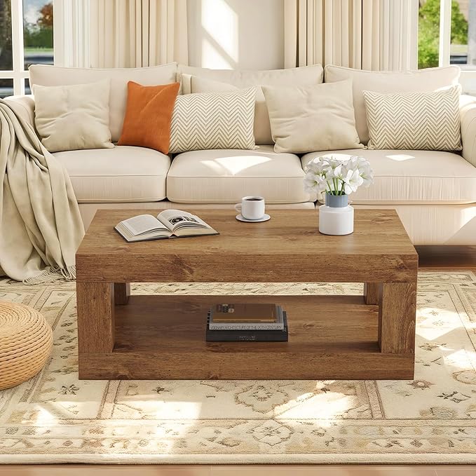39.37" Coffee Table with Storage, 2-Tier Mid Century Rectangular Accent Table with Thick Tabletop, Rustic Style Cocktail, Center Table for Living Room, Office, Apartment (Natural Wood)