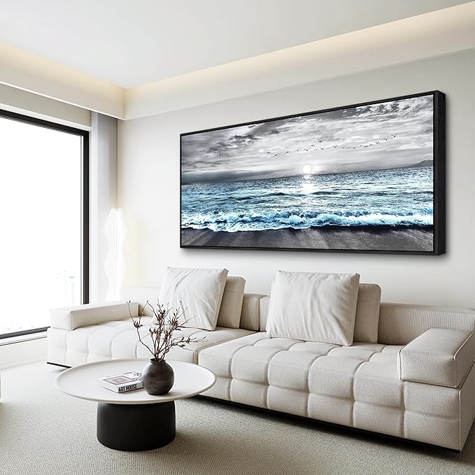 Wapluam Large Black Framed Wall Art For Living Room Wall Decor For Bedroom Office Wall Decorations Black And White Wall Painting Blue Sea Wave Pictures Artwork For Modern Beach Canvas Prints Poster