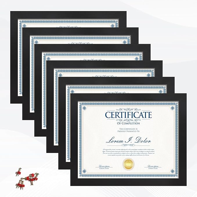 8.5x11 Picture Frame set of 6, Multi Certificate 8.5 by 11 Picture Frames Bulk, Document Diploma Award Frame for Wall Hanging or Tabletop Display, Black