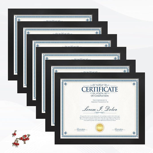 8.5x11 Picture Frame set of 6, Multi Certificate 8.5 by 11 Picture Frames Bulk, Document Diploma Award Frame for Wall Hanging or Tabletop Display, Black