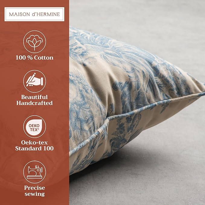 Maison d' Hermine Decorative Pillow Covers 20x20 Inch Square 100% Cotton Throw Pillow Covers with Invisible Zipper Cushion Case for Living Room Couch, Chair, Sofas, Bedroom, Home (The Miller - Blue)