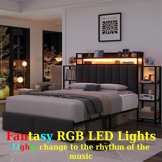 Keyluv Full LED Bed Frame with Storage Headboard & 2 Drawers, Upholstered Platform Bed with Charging Station & Bedside Storage Rack, Metal Slat Support, No Box Spring Needed, Linen Fabric, Black