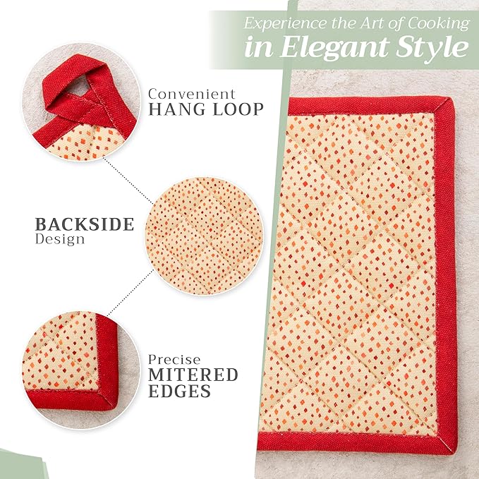 Maison d' Hermine 100% Cotton Oven Mitt & Pot Holder Set (7.5"x13" & 8"x8") Heat Resistant BBQ Cooking Gloves with Loop for Thanksgiving Christmas Decorations Handling Hot Pans (Kalahari)