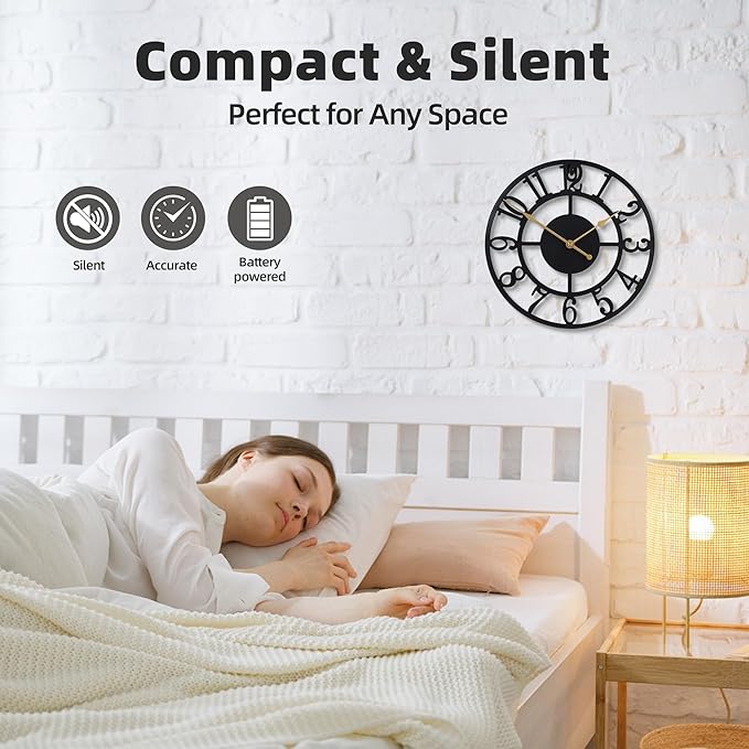 Wall Clock Battery Operated,Silent Non Ticking Modern Rustic Metal Small Clocks for Living Room/Bedroom/Office/Kitchen/Farmhouse Home Decor-10IN(Arabic Number-Black)