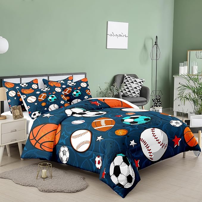 Tailor Shop Sports Boys Comforter Sets Twin Size,Sports Bedding Sets for Boys Kids Teens Football Basketball Baseball Ball with 1 Pillowcase……