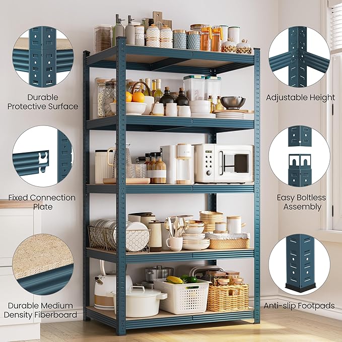 Yaheetech Storage Shelves 5 Tier Garage Shelving Adjustable Utility Rack Industrial Shelves for Warehouse Pantry, 35.5" L × 16″W × 71″H - Neptune Blue