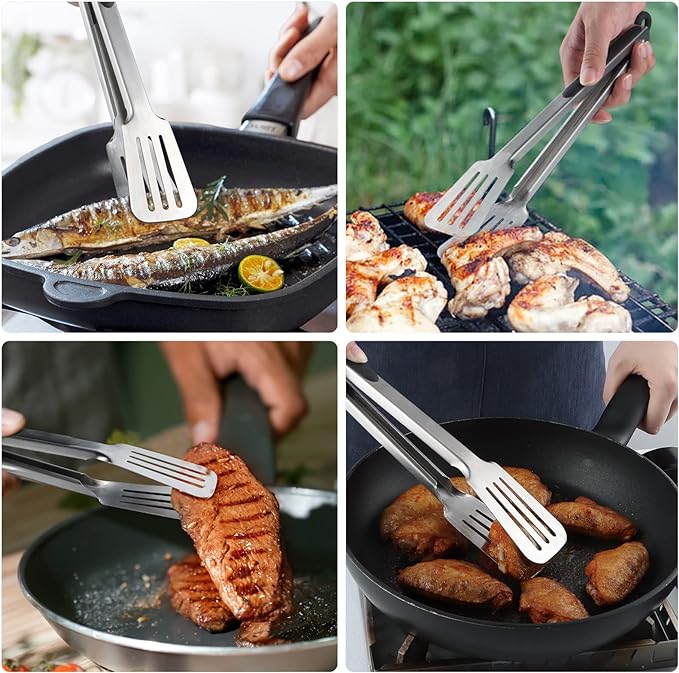 Metal Tongs for Cooking, Set of 2 Stainless Steel Spatula Tongs for Grilling, Cooking and Flipping, Strong Grip for Ribs, Steak and Fish, Comfortable Grip, Easy Pull Lock, 9 inch & 12 inch