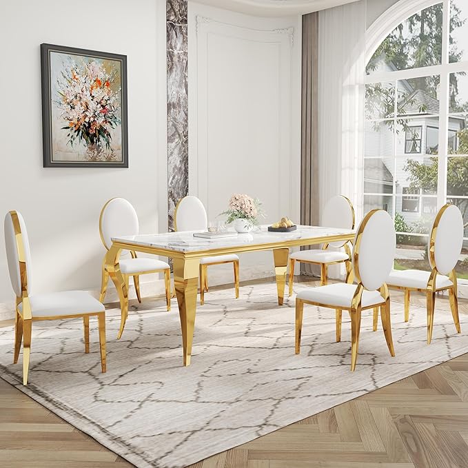 7-Piece Dining Table Set for 6, Faux Marble Modern Dining Table Set with 6 Oval Backrest Upholstered Chairs, 70“ Stainless Steel Legs Table & Chair Set for Kitchen, White & Gold