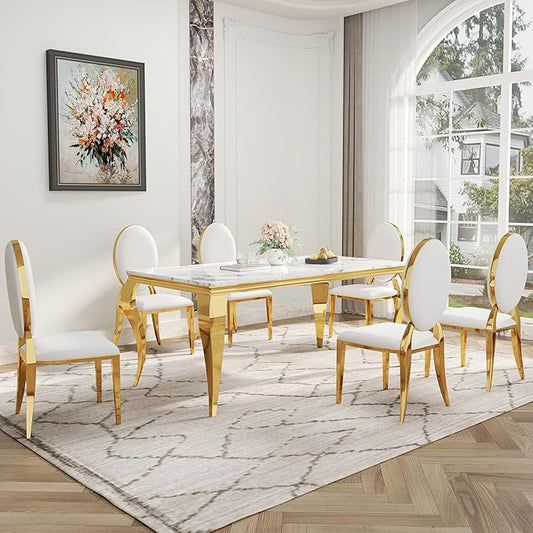 7-Piece Dining Table Set for 6, Faux Marble Modern Dining Table Set with 6 Oval Backrest Upholstered Chairs, 70“ Stainless Steel Legs Table & Chair Set for Kitchen, White & Gold