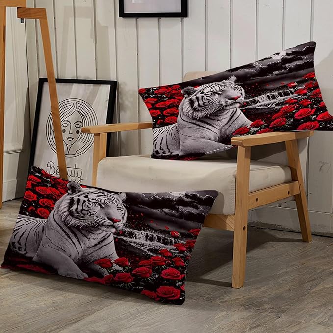 Kids Tiger Comforter Set Full Size, White Tiger Wild Animal 3 Pcs Bedding for Kids and Adults Beautiful 3D Red Rose Flower and Tiger Print Soft Comforter Set for Bedroom Bed Decor