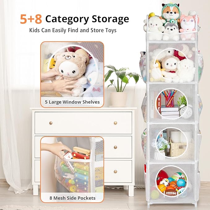 Stuffed Animal Storage, 5 Tier - 8 Side Pockets Toy Storage Organizer, 63.8" Space-Saving Corner Storage for Kids' Bedroom & Playroom, Grey