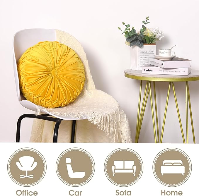 HIG Set of 2 Yellow Ruched Velvet Round Throw Pillows – 14.5’’ Decorative Pillows with Soft Polyester Filling for Couch, Bed, Living Room, Bedroom, or Dorm – Handmade, Stress Relieving, All-Season