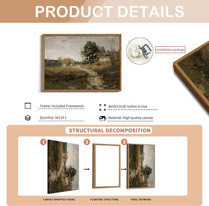 Floating Framed Vintage Canvas Wall Art Decor, Modern Countryside Wall Decor for Living Room, Nature Landscape Pictures Paintings Prints for Bedroom Hallway Office Decoration 12x16 inch
