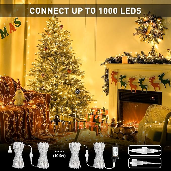 JMEXSUSS Connectable Warm White Christmas Lights Indoor Outdoor, 91.5ft 250 LED Christmas String Lights, 8 Modes Twinkle Fairy String Light Plug in for Tree Party Decoration