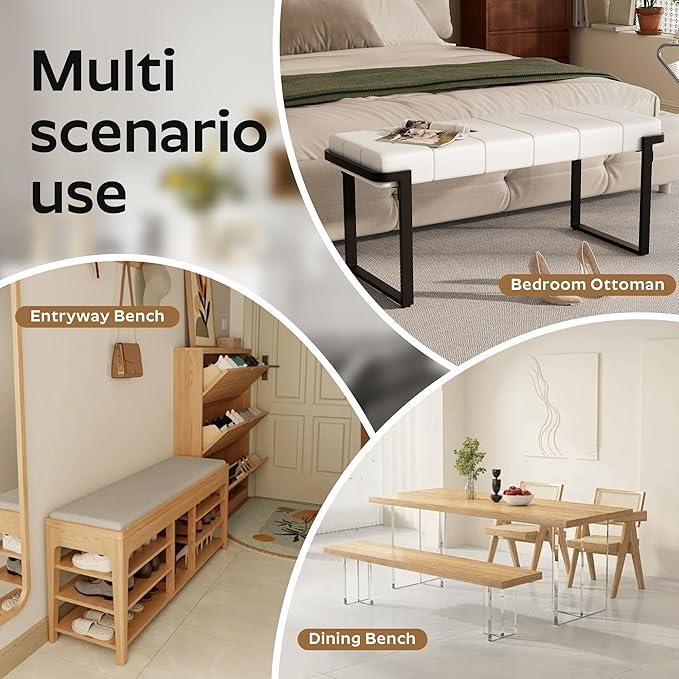 Upholstered Dining Bench, 44.29 Inch Leather Upholstered Bedroom Benches, Entryway Bench for Living Room Kitchen Dining Room(White&Black)