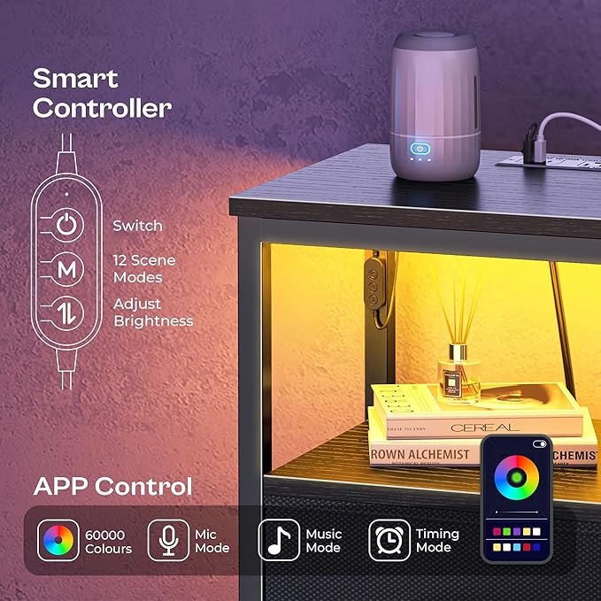 Huuger Night Stand with Charger Station and LED Lights, 3 Drawer Nightstand, Bed Side Table with Open Shelf, End Table, Tall Fabric Dresser for Bedroom, Black