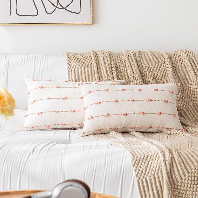 Boho Throw Pillow Covers 12x20 Set of 2 Modern Farmhouse Decorative Cushion Case Tufted Linen Square Pillows Cover Neutral Pillow Cases Accent Pillowcase for Sofa,Couch,Bed,Beige and Pink