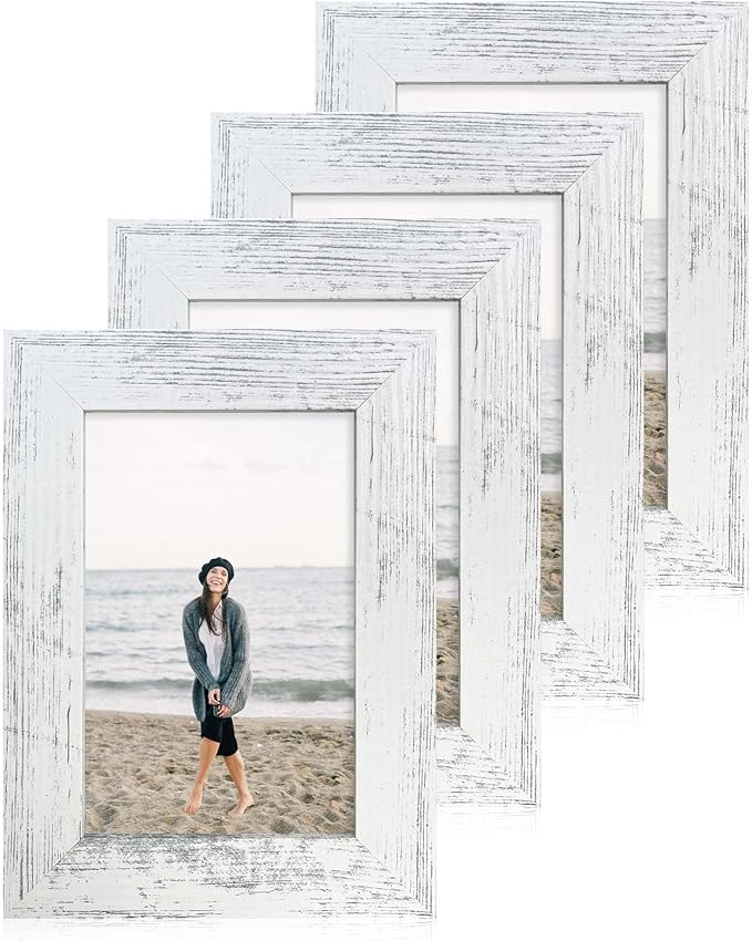 4x6 Picture Frame Set of 4, High Definition Glass Distressed White Frame, 4 x 6 Photo Frames for Tabletop Display and Wall Mounting