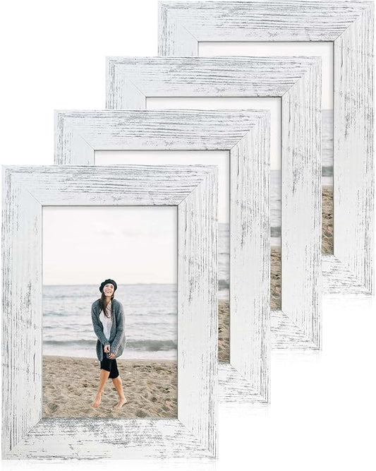 4x6 Picture Frame Set of 4, High Definition Glass Distressed White Frame, 4 x 6 Photo Frames for Tabletop Display and Wall Mounting