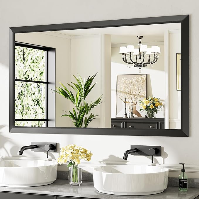 55x32 Inch Black Bathroom Mirror for Wall, Thick Metal Framed Rectangle Mirrors for Over Sink, Bedroom, Living Room, Entryway, Anti-Rust, HD Tempered Glass