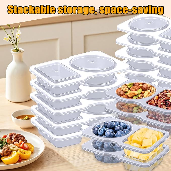 20 Pack Reusable Snack Containers with Lids - Double Compartment Sauce Cups with 20 Forks, Microwave Safe Portion Control Containers for Meal Prep, Take-out, Party & Travel