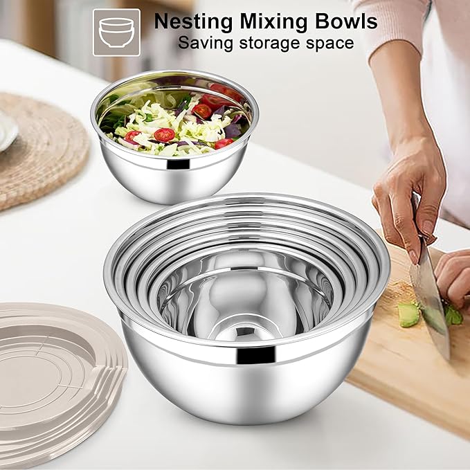 E-far Mixing Bowls with Lids Set, 7-Piece Stainless Steel Metal Mixing Bowls with Grater Attachments, Size 4.6, 3.5, 2.6, 2, 1.5, 1, 0.7QT, Nesting Design & Khaki Airtight Lids, For Cooking/Serving