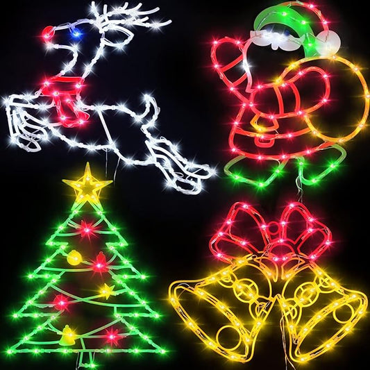 Christmas Decorations - 16" Christmas Window Silhouette Lights - 4 Pack Colour Lighted Santa & Reindeer & Christmas Tree & Bell for Holiday Indoor and Outdoor Wall Door Window Decorate