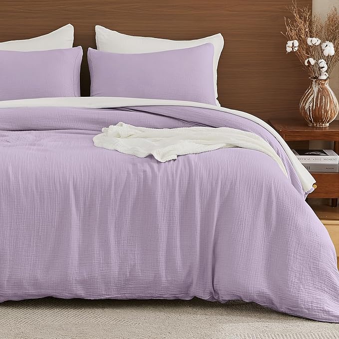 EMME Muslin Cotton Duvet Cover Set Lavender Queen Size Linen Like Soft Breathable Lightweight Summer Comforter Cover Set with Zipper Closure (Lavender, Queen, 90"x90")