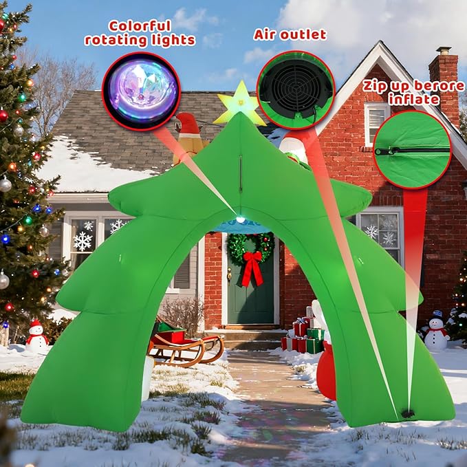 12FT Christmas Tree Arch Inflatable Decoration, Built-in LED Lights and Rotating Colored Lights, Suitable for Christmas Lawns, Gardens, Courtyards Outdoor Inflatable Decoration