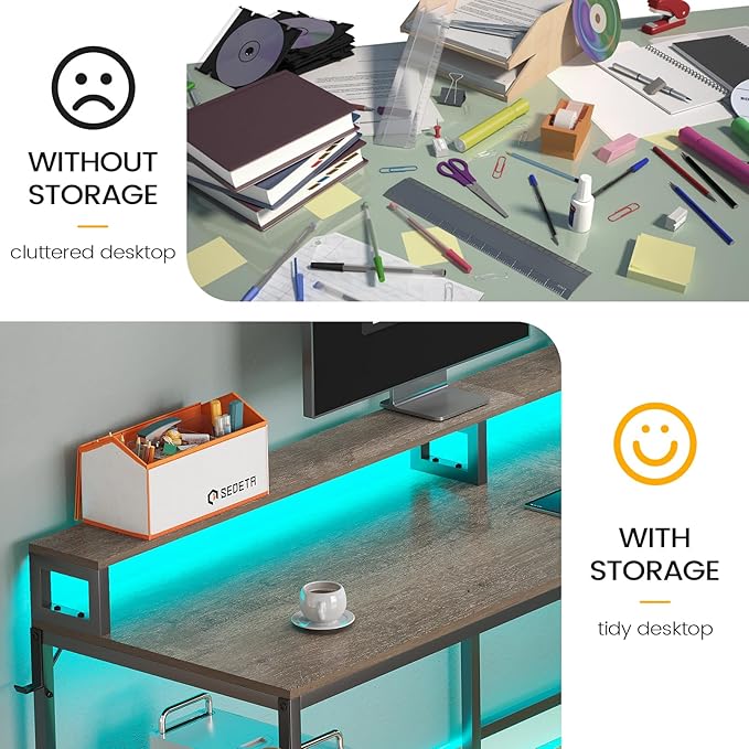 SEDETA L Shaped Desk, 66" Home Office Desk with File Drawer and Power Outlet, Corner Computer Desk with Monitor Shelf, Printer Storage Shelves, Gaming Desk with Led Lights, Two Person Desk, Walnut