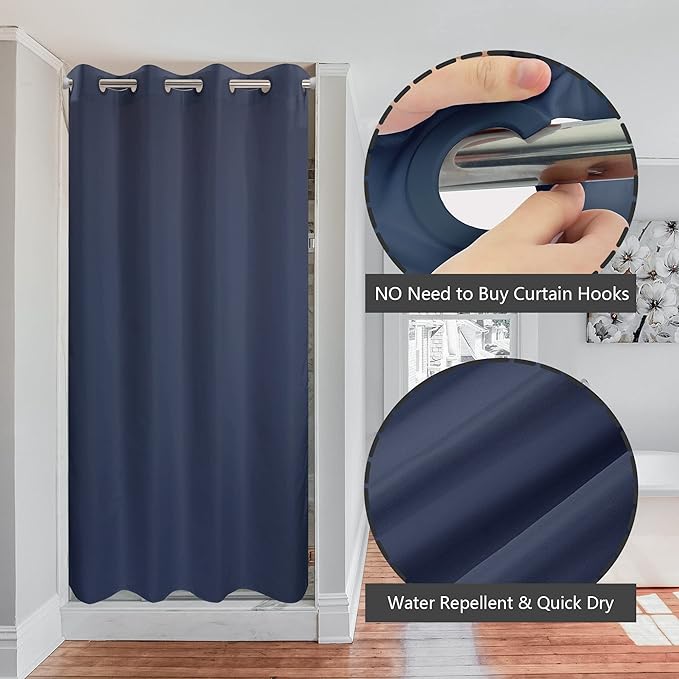 River Dream Stall Size No Hook Navy Blue Shower Curtain Soft Microfiber - 36" Wide Small Fabric Shower Curtain Set for Narrow Stall, Waterproof & Washable, Bottom Magnets, Navy Blue, 36x74